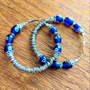 India Bohemian Sir Alistair Rai Blue and Silver Boho Large Round Earrings